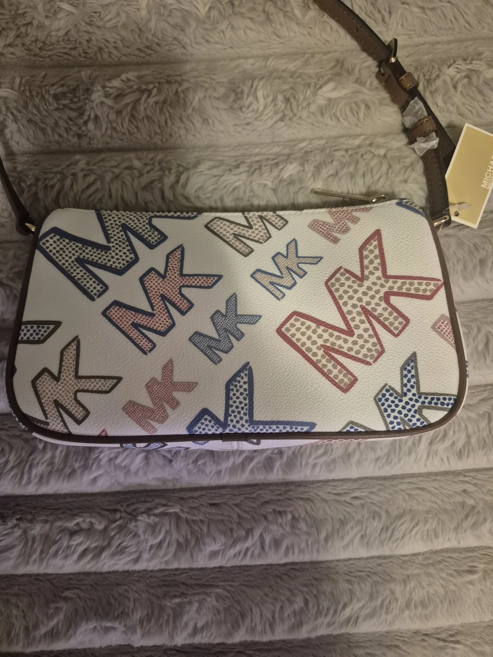 Michael Kors White Multicolor MK Print Shoulder Bag with Brown Strap
